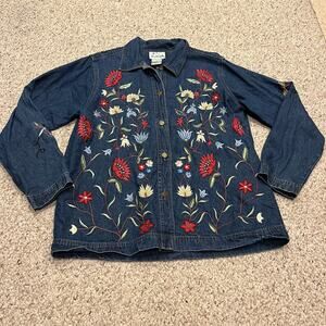 Quacker Factory Floral Embroidered Denim Shacket L Cottagecore Maximalist